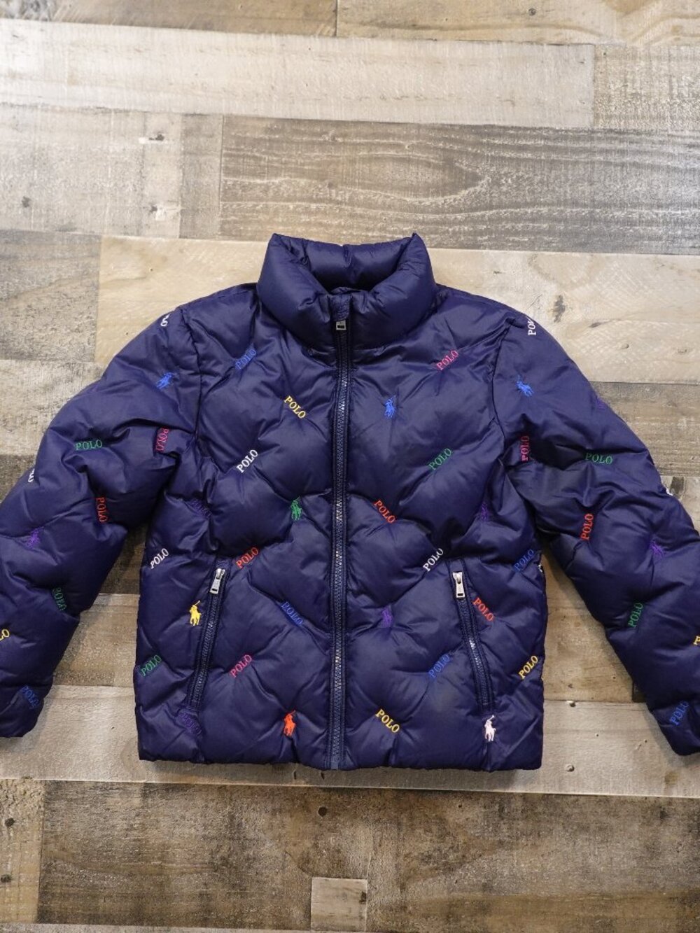 Polo Ralph Lauren Down Puffer Jacket Girls Size 7 Navy Multicolor Logo Pony